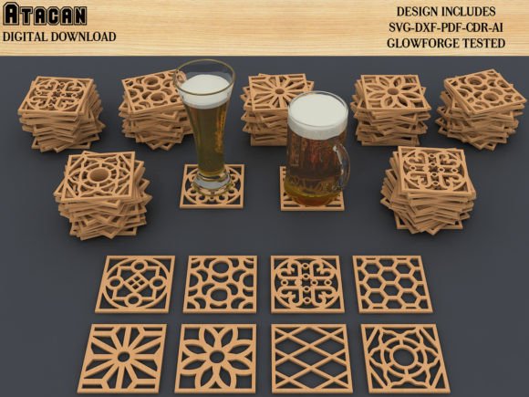 Wood Metal Coasters Laser Cut Patterns for Branding and Graphics
